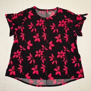 Lane Bryant Floral Tie Sleeve Top Plus Size 22/24 Black Pink Blouse